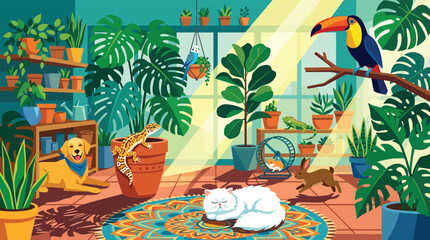 Fototapeta premium Indoor garden room interior full of green house plants and cute pets vector