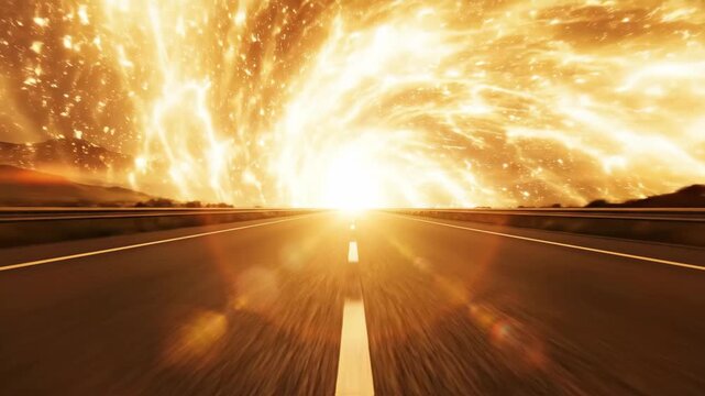 Dramatic sunset road transforming into a fiery galactic vortex