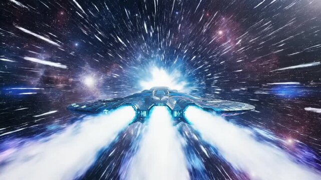 Futuristic UFO Accelerating into Hyperspace with Light Trails