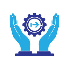 Obraz premium Progress arrow on a gear surrounded by two caring hands, showing support for efficiency and growth