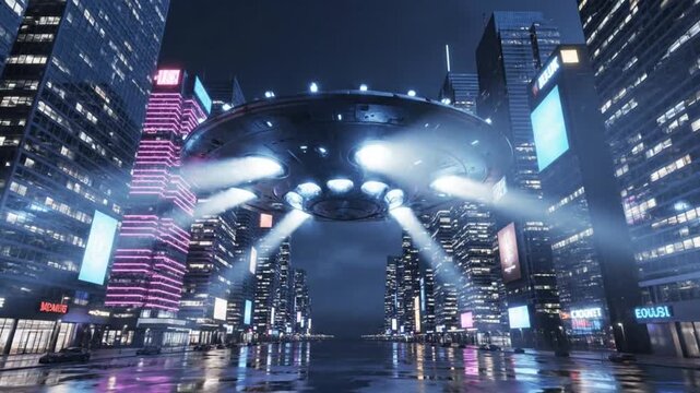 Massive UFO Hovering Above Modern City Skyline at Night