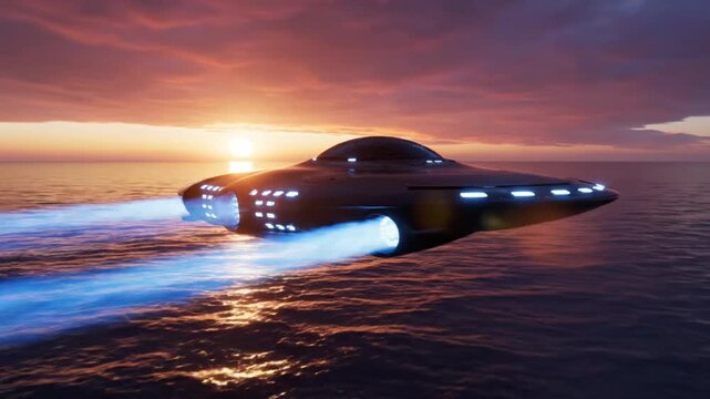 Futuristic UFO Gliding Over Ocean Horizon at Sunset