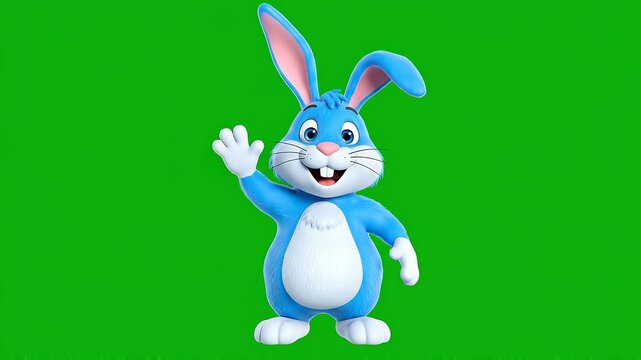Cartoon blue rabbit character waving against green background