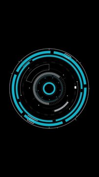 Sci-fi HUD circle interface in blue with rotating elements and copy space on black background, seamless loop
