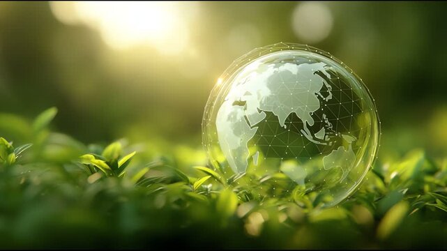 Eco friendly global environment concept with transparent earth globe on green leaves and sunlight