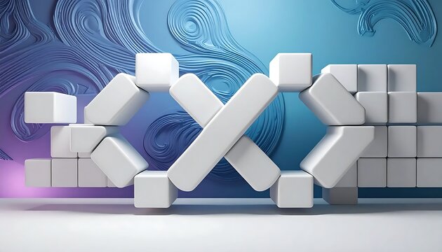 A white 3D block structure against a blue and purple gradient wall