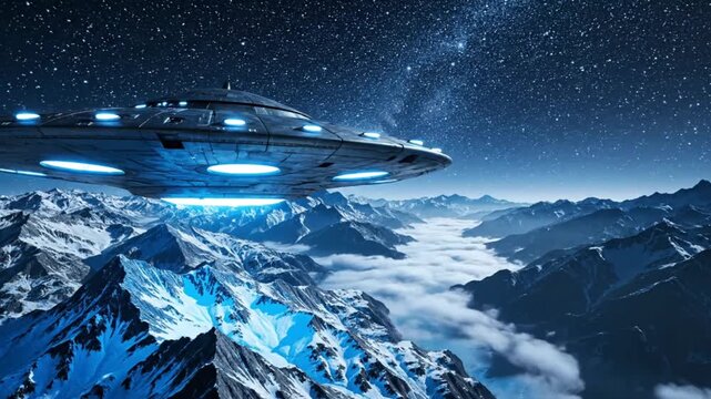 Glowing UFO Flying Above Mountain Landscape at Night