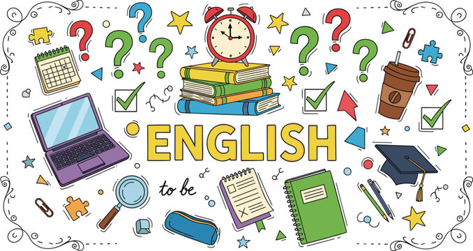 English education vector illustration featuring laptop books clock and study icons for language learning courses school curriculum and online tutoring webinarsEnglish education vector 