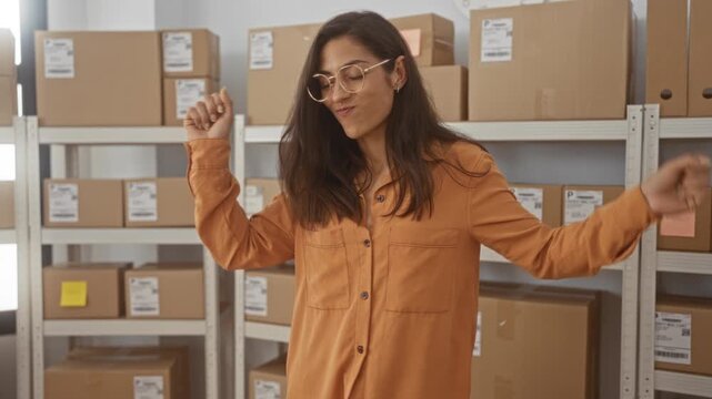 Woman holding parcel and smiling with hands raised on warehouse shelving in a building, wearing glasses and orange shirt; small business joy.