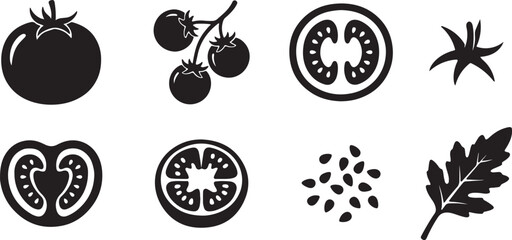 tomato silhouette icon set botanical tomato, slice, seeds, leaf, and vine vector illustration © Mohaiminul