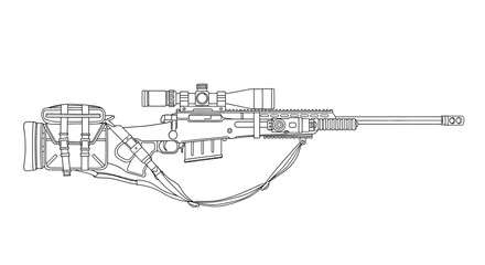 Obraz premium Sniper Rifle with Scope and Sling - Detailed Line Drawing
