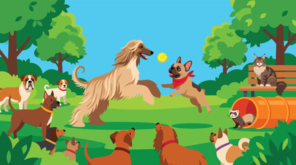 Fototapeta premium Happy Diverse Dog Breeds Playing at Pet Park Illustration with Cat and Ferret Vibrant Animal Community Scene