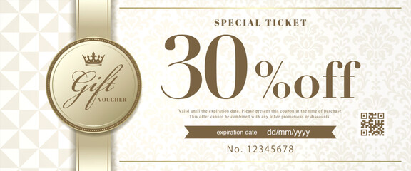Luxury White Gold Gift Voucher Template – Elegant Coupon Card with Damask Pattern, Ribbon and Badge for Special Offer, Discount Ticket 