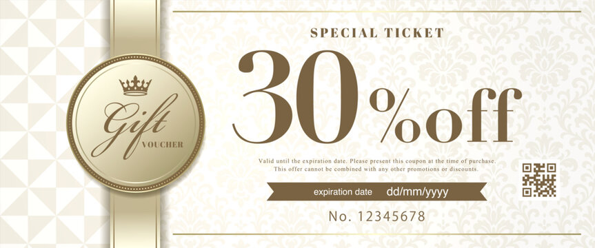 Luxury White Gold Gift Voucher Template &ndash; Elegant Coupon Card with Damask Pattern, Ribbon and Badge for Special Offer, Discount Ticket
