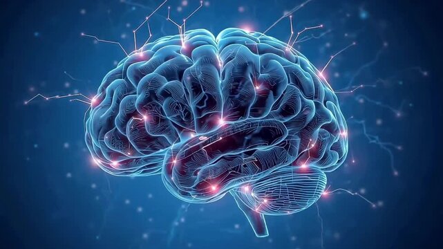 医療と脳波のイメージに合う神経の電気活動が走る青い背景動画