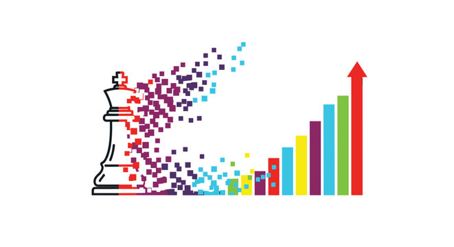 A black outlined chess king piece is dissolving into multicolored square pixels that form an ascending bar graph with a red upward arrow on a white background.