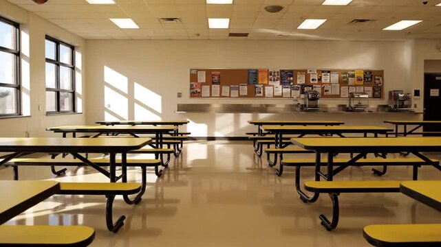 Empty School Cafeteria Tables and Benches.