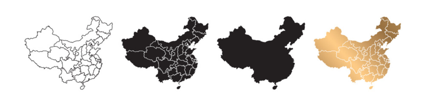 Vector maps of China in various styles, featuring black and gold lines.