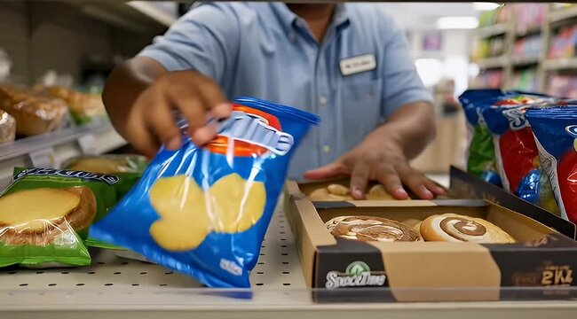 Convenience Store Snack Aisle Scene with Employee Reaching for Potato Chips
