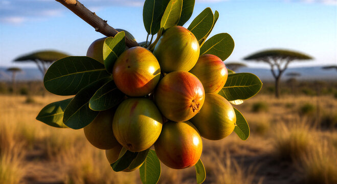 Cluster of ripe desert fruit on a tree in savanna landscape