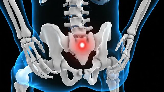 3D rendering of human skeletal pelvis and lower spine with highlighted sacral pain.