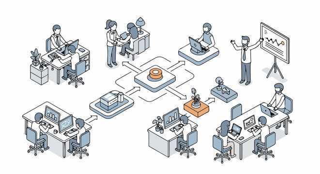 flat illlustration Isometric Business Workflow Process of Planning Execution and Analysis