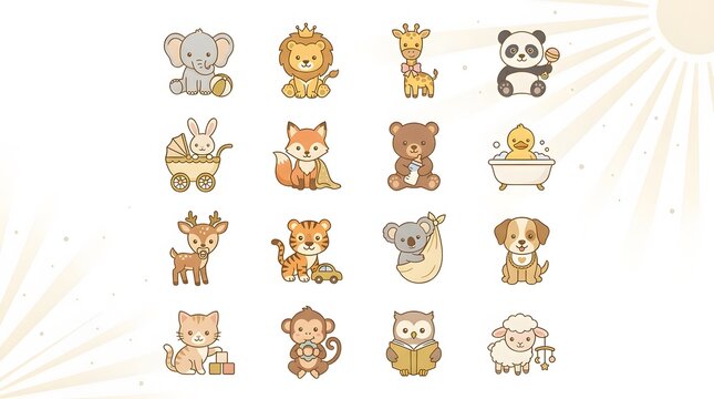Collection of Cartoon Animals and Baby Items.