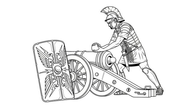 Ancient Roman soldier loading a ballista, historical warfare weapon, siege engine illustration
