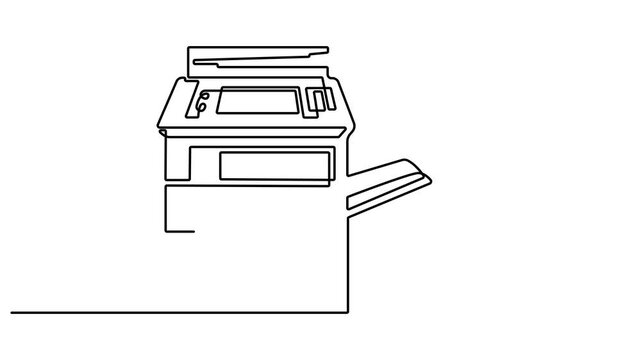 Animation of one single line drawing of digital laser printer for business company. Electricity small home office equipment tools concept. Continuous one line drawing of Digital printer video