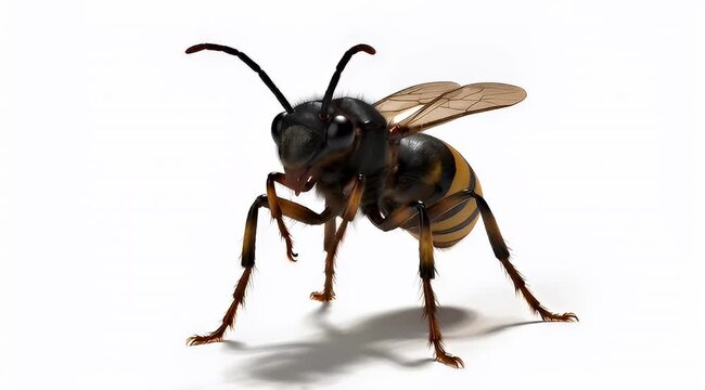 Detailed digital rendering of a black and yellow wasp against a white background