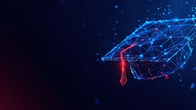 An artistic representation of education, with a digital graduation cap glowing in blue against a dark backdrop. ..Created with Generative AI, not depicting real subjects.