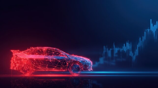 A modern car design of digital technology  with red and blue lines, against a backdrop of a data chart, signifying advancement, innovation. ..Created with Generative AI, not depicting real subjects.