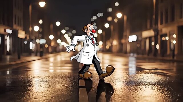 Clown dancing on city street at night.