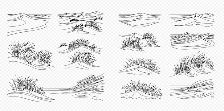 Set of hand-drawn desert dunes and grass sketches, isolated on transparent background, showcasing various sandy landscapes and vegetation for design elements.
