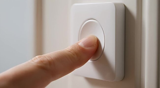 Closeup shot of a finger pressing a modern white doorbell button on wall