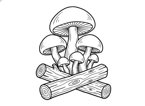 Mushrooms growing on logs, nature scene with forest elements, illustration drawing