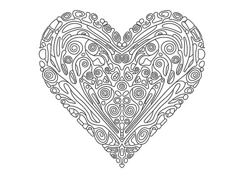 Intricate heart shape with ornate zentangle patterns and swirly details for adult coloring book