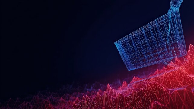 Digitally rendered image of a wireframe shopping cart hovering above an abstract landscape of digital red and blue mountains. ..Created with Generative AI, not depicting real subjects.