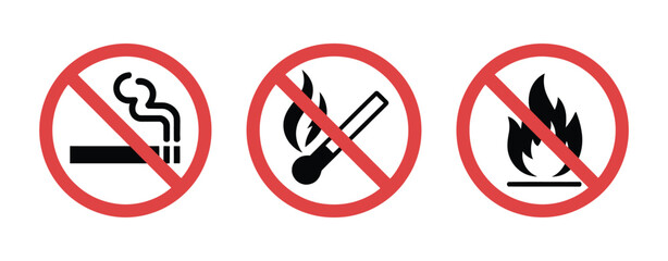 No Open Fire Sign, no smoking symbol, no matches warning icon, round prohibition label, fire safety restriction notice, red stop symbol, vector illustration © Ayat 04