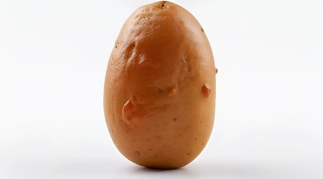 Closeup studio shot of a single oddly shaped golden potato on white