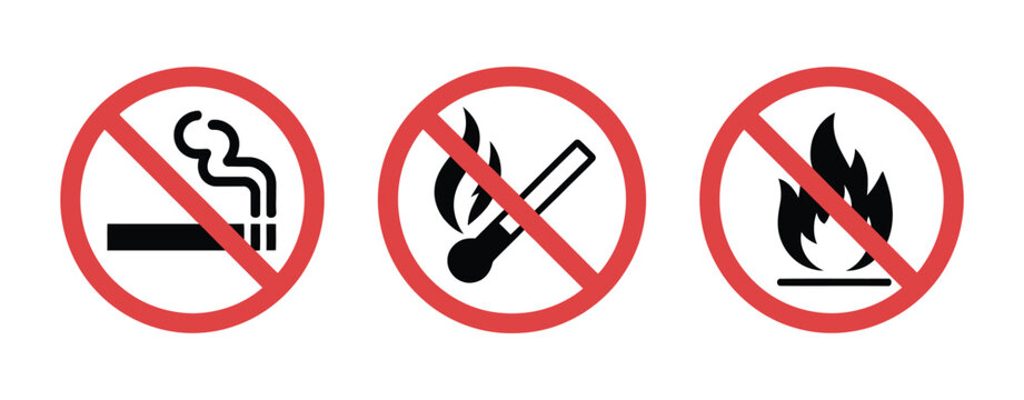 No Open Fire Sign, no smoking symbol, no matches warning icon, round prohibition label, fire safety restriction notice, red stop symbol, vector illustration