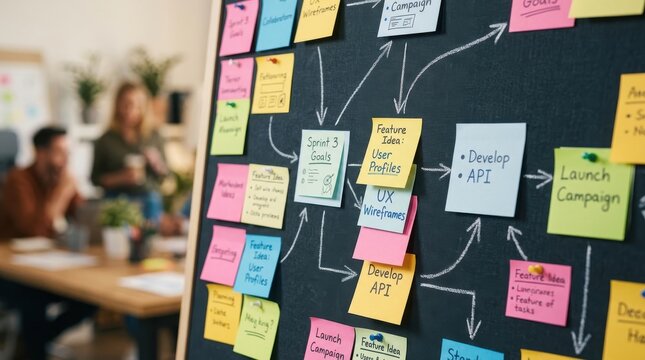 Colorful sticky notes form a complex flowchart on a blackboard, representing project planning and strategy development with blurred people in the background.