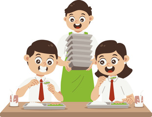 Fototapeta premium Siswa tersenyum menikmati makan siang ilustrasi vektor