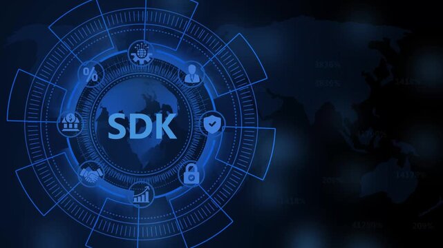 Digital SDK Technology Interface with Global Network and Data Icons on Dark World Map Background