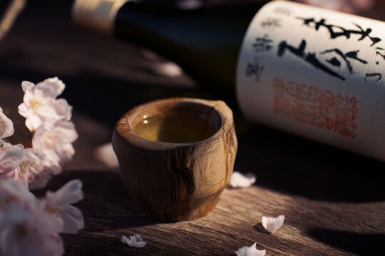 Title	
a sake cup and a bottle of sake in cherry blossom season	
