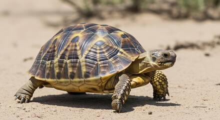 Obraz premium Angulate tortoise walking across sandy soil