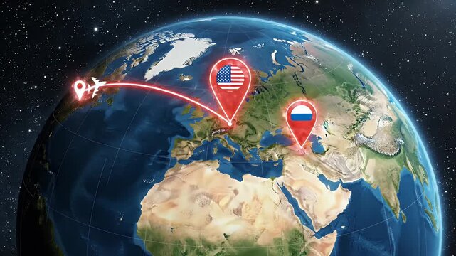 Flight Route from USA to Russia on World Map - This video displays a flight path from the USA to Russia across a world map.