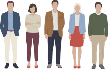 Obraz premium Diverse collection of flat vector characters and business professionals in standing and sitting poses, perfect for community, teamwork, corporate, and modern lifestyle illustration projects.