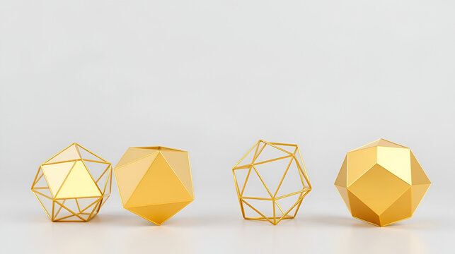 Set of Golden Platonic solids isolated on a gray background. Dodecahedron, icosahedron, tetrahedron, octahedron, hexahedron. Modern background with geometric shape of the Platonic solids.