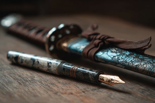 elegant fountain pen placed beside a sheathed sword on a desk , a pen is mightier than a sword